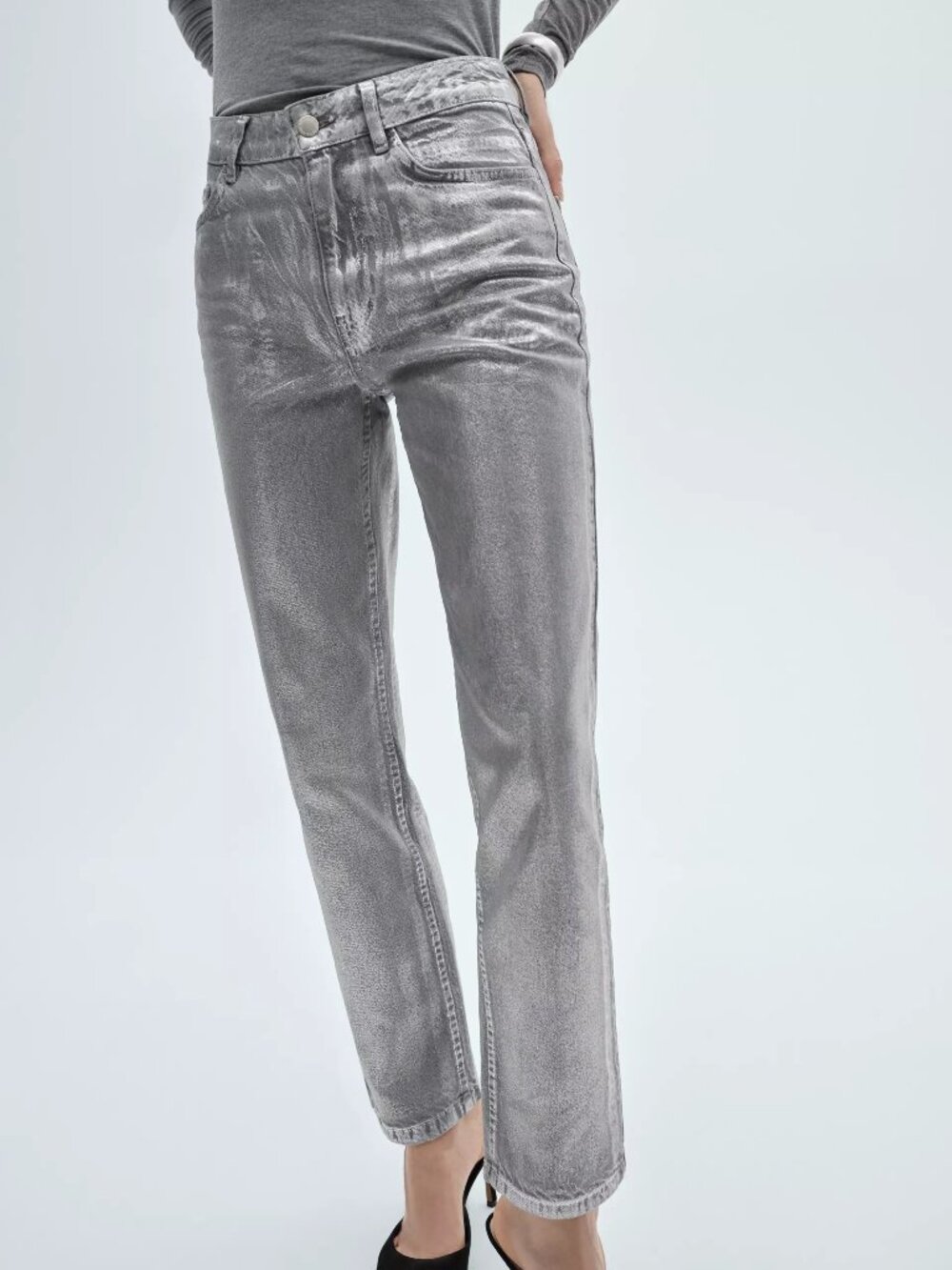 NWT Mango MNG Straight Foil Jeans Metallic Mid Waist Full Length Size 42 US 10